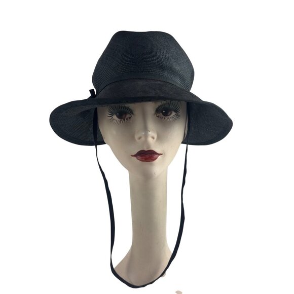Vintage 60s Straw Sun Hat Womens Black Floppy With Chin Strap main image 13